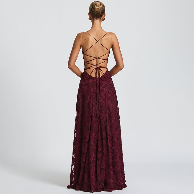 Fleur | Maxi Evening Dress Burgundy Lace Spaghetti Strap A-Line for Women