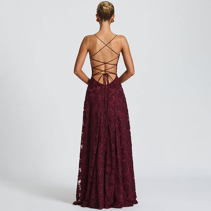 Fleur | Maxi Evening Dress Burgundy Lace Spaghetti Strap A-Line for Women