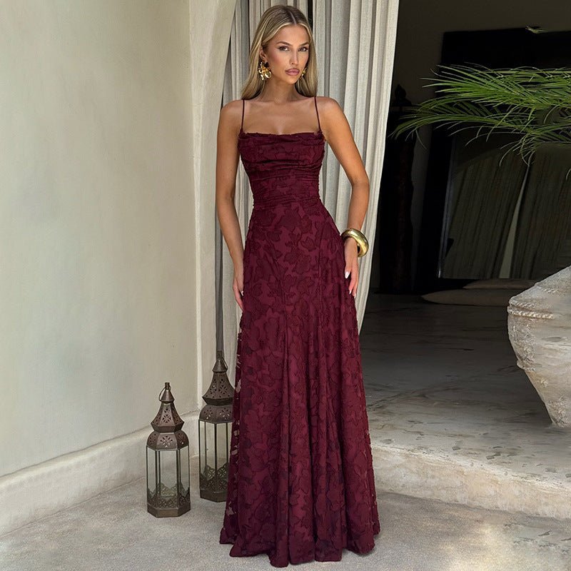 Fleur | Maxi Evening Dress Burgundy Lace Spaghetti Strap A-Line for Women