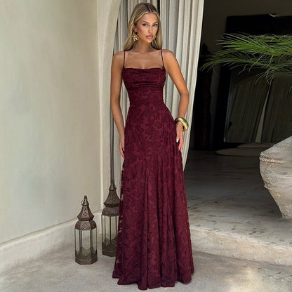 Fleur | Maxi Evening Dress Burgundy Lace Spaghetti Strap A-Line for Women