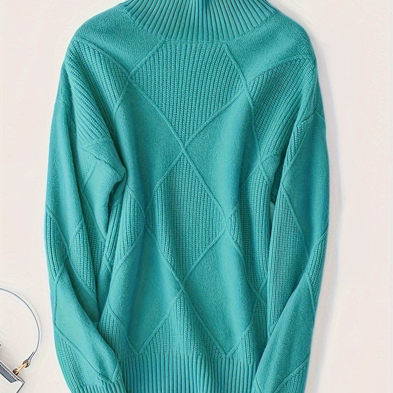 Hebe | Textured Turtleneck Sweater Green Diamond Knit for Women