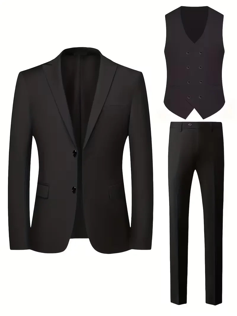 Nathaniel | Suit Black Slim Fit Three-Piece Double-Breasted Waistcoat for Men