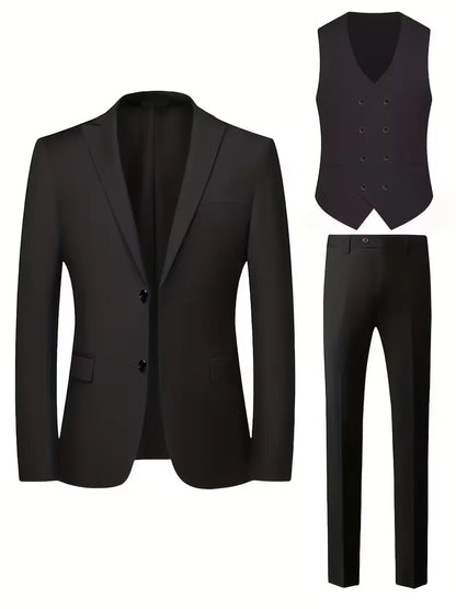 Nathaniel | Suit Black Slim Fit Three-Piece Double-Breasted Waistcoat for Men