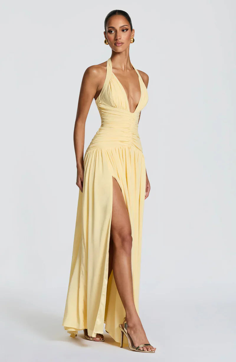 Elspeth | Maxi Halter Dress Navy Blue Ruched A-Line for Women
