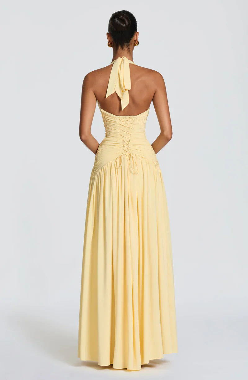 Elspeth | Maxi Halter Dress Navy Blue Ruched A-Line for Women
