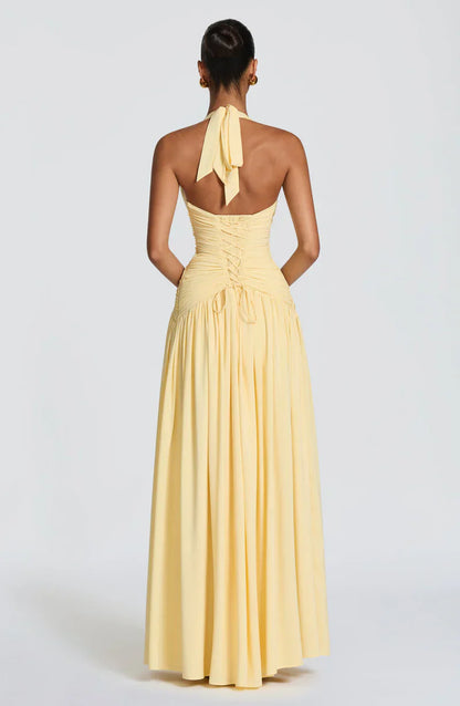 Elspeth | Maxi Halter Dress Navy Blue Ruched A-Line for Women