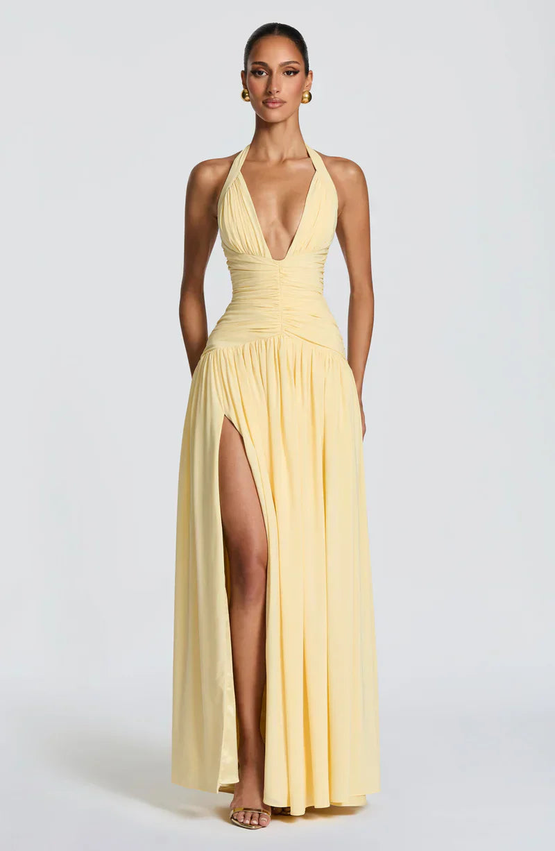 Elspeth | Maxi Halter Dress Navy Blue Ruched A-Line for Women