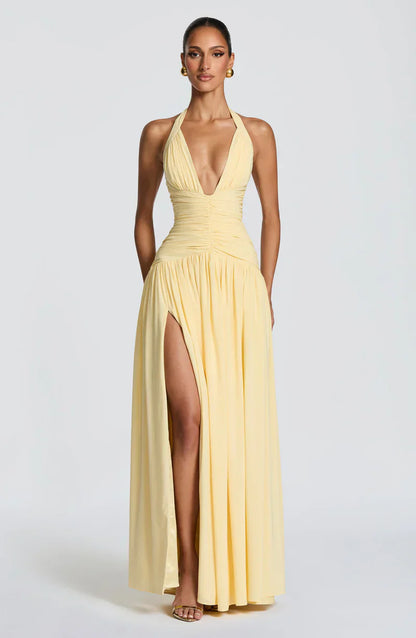 Elspeth | Maxi Halter Dress Navy Blue Ruched A-Line for Women