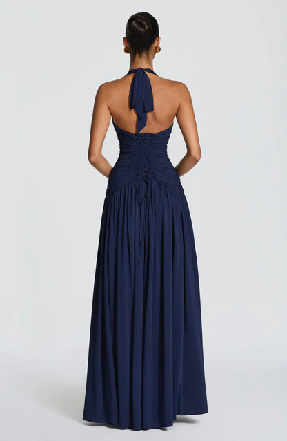 Elspeth | Maxi Halter Dress Navy Blue Ruched A-Line for Women