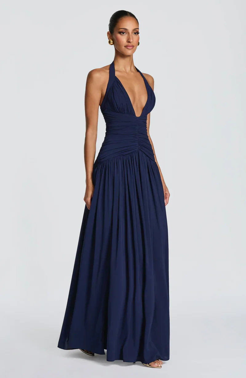 Elspeth | Maxi Halter Dress Navy Blue Ruched A-Line for Women