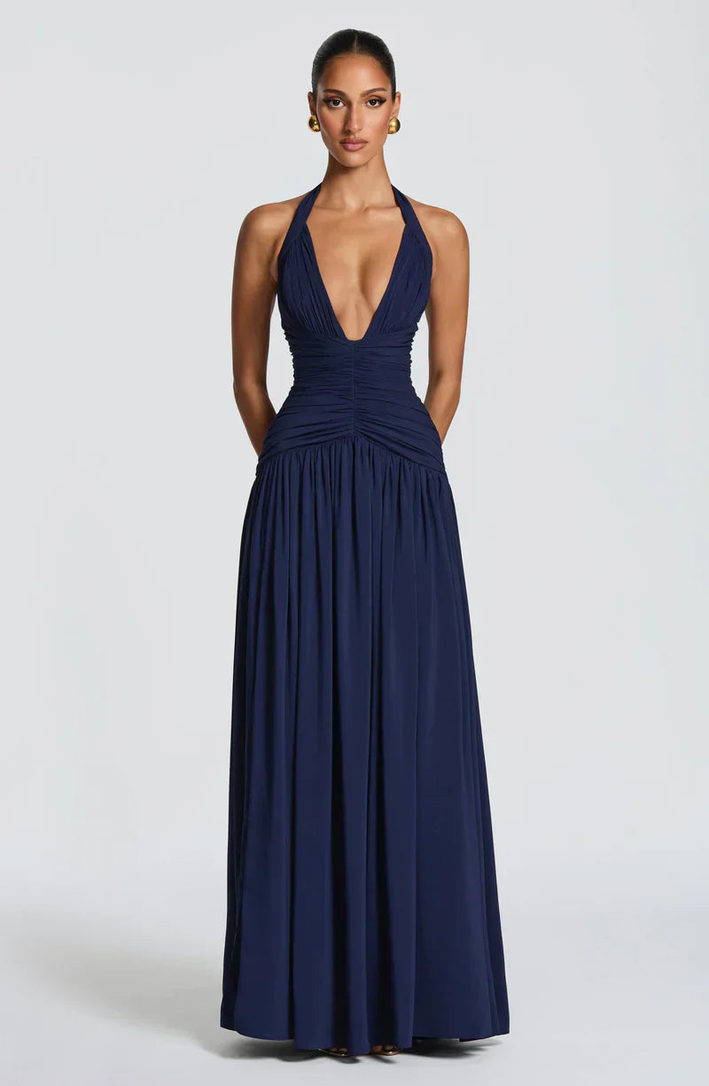 Elspeth | Maxi Halter Dress Navy Blue Ruched A-Line for Women