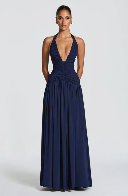 Elspeth | Maxi Halter Dress Navy Blue Ruched A-Line for Women