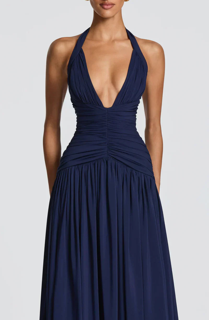 Elspeth | Maxi Halter Dress Navy Blue Ruched A-Line for Women