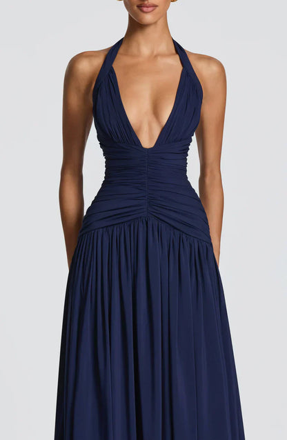 Elspeth | Maxi Halter Dress Navy Blue Ruched A-Line for Women