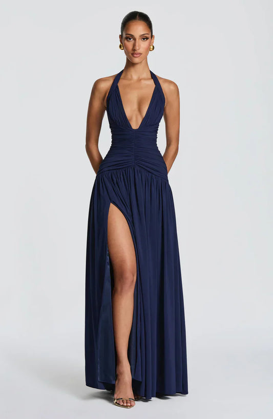Elspeth | Maxi Halter Dress Navy Blue Ruched A-Line for Women