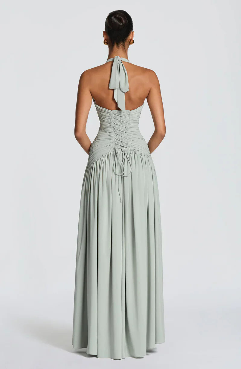 Elspeth | Maxi Halter Dress Navy Blue Ruched A-Line for Women
