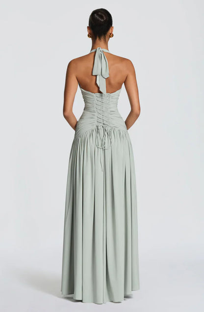 Elspeth | Maxi Halter Dress Navy Blue Ruched A-Line for Women