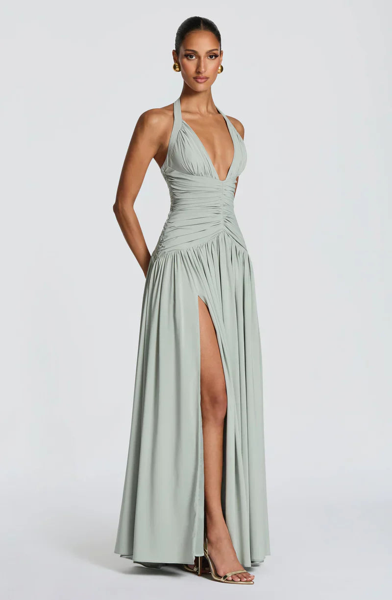 Elspeth | Maxi Halter Dress Navy Blue Ruched A-Line for Women