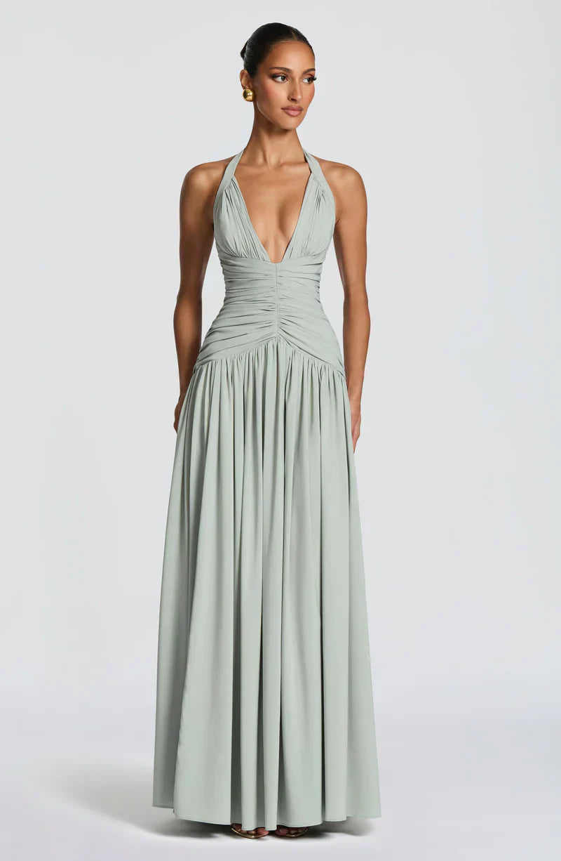 Elspeth | Maxi Halter Dress Navy Blue Ruched A-Line for Women