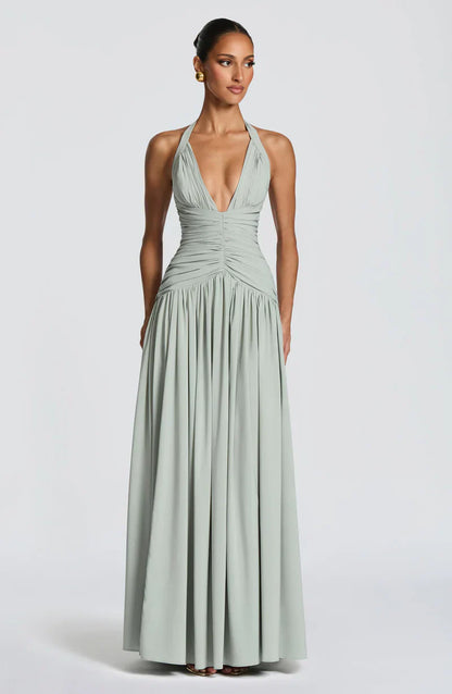 Elspeth | Maxi Halter Dress Navy Blue Ruched A-Line for Women