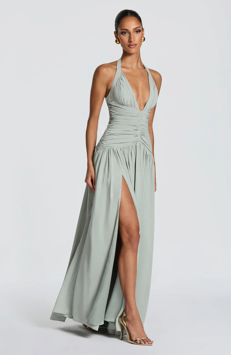 Elspeth | Maxi Halter Dress Navy Blue Ruched A-Line for Women