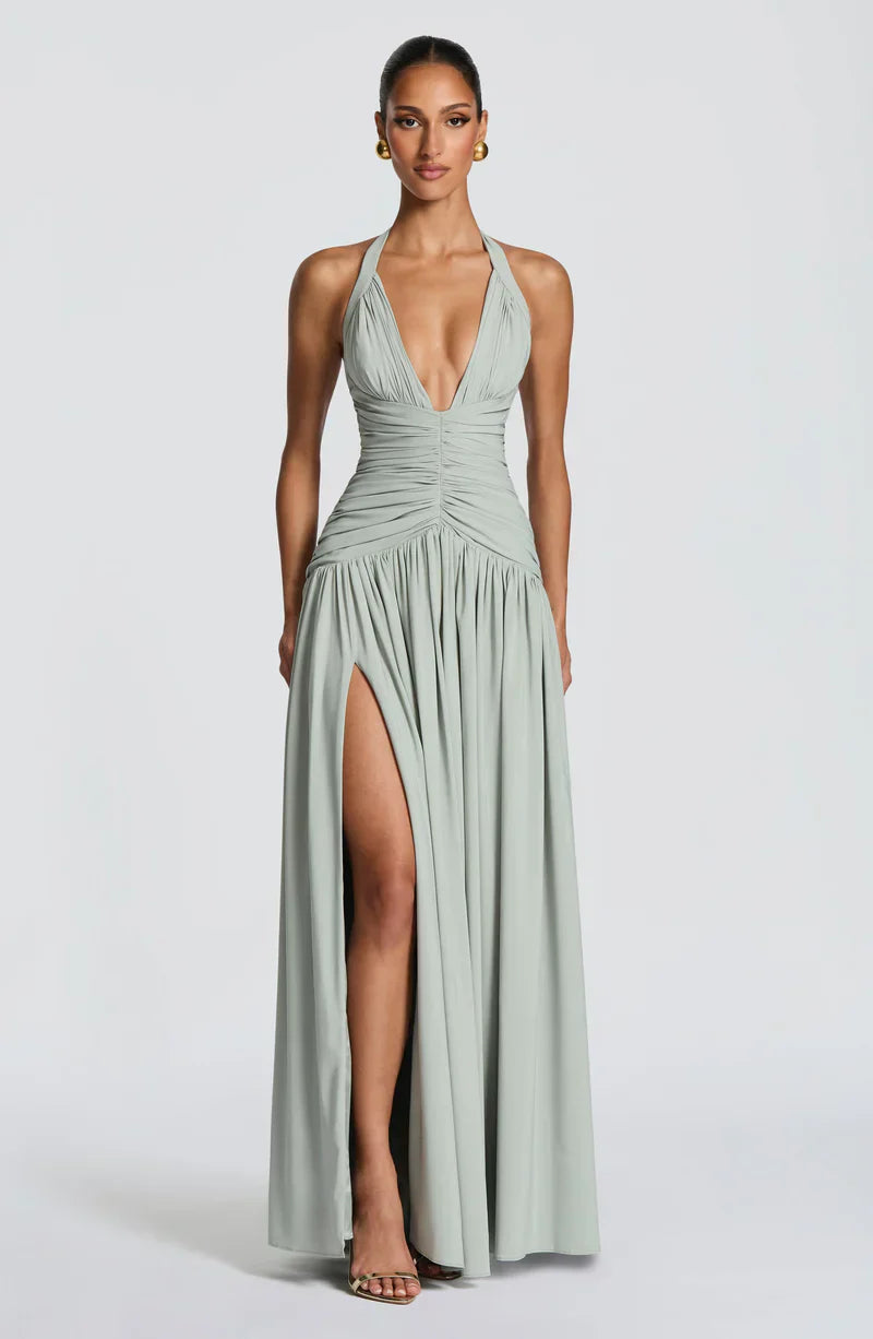 Elspeth | Maxi Halter Dress Navy Blue Ruched A-Line for Women