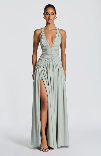 Elspeth | Maxi Halter Dress Navy Blue Ruched A-Line for Women