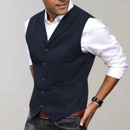 Barnaby | Waistcoat Navy Blue Wool Herringbone Tailored Fit for Men