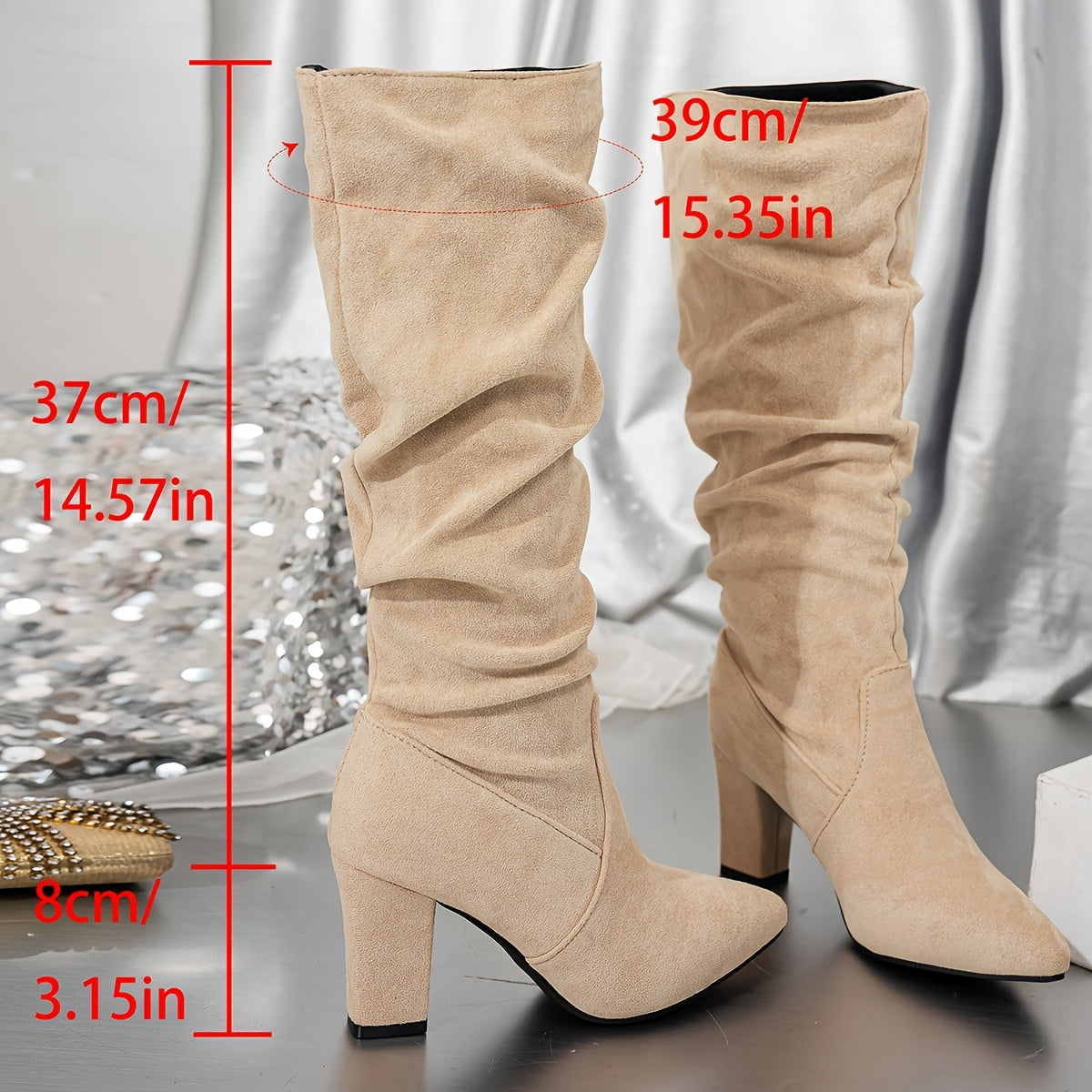 Mairi | Knee-High Boots Black Faux Suede Slouch Block Heel for Women
