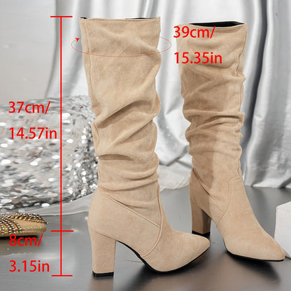 Mairi | Knee-High Boots Black Faux Suede Slouch Block Heel for Women