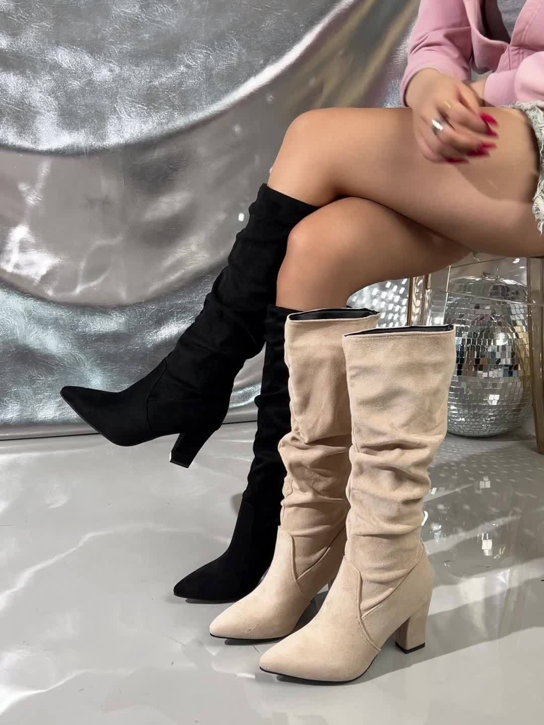 Mairi | Knee-High Boots Black Faux Suede Slouch Block Heel for Women