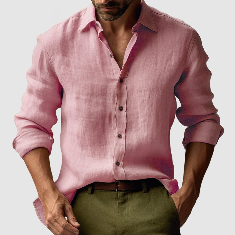 George | Linen Shirt Amber Yellow Long Sleeve Button Front for Men