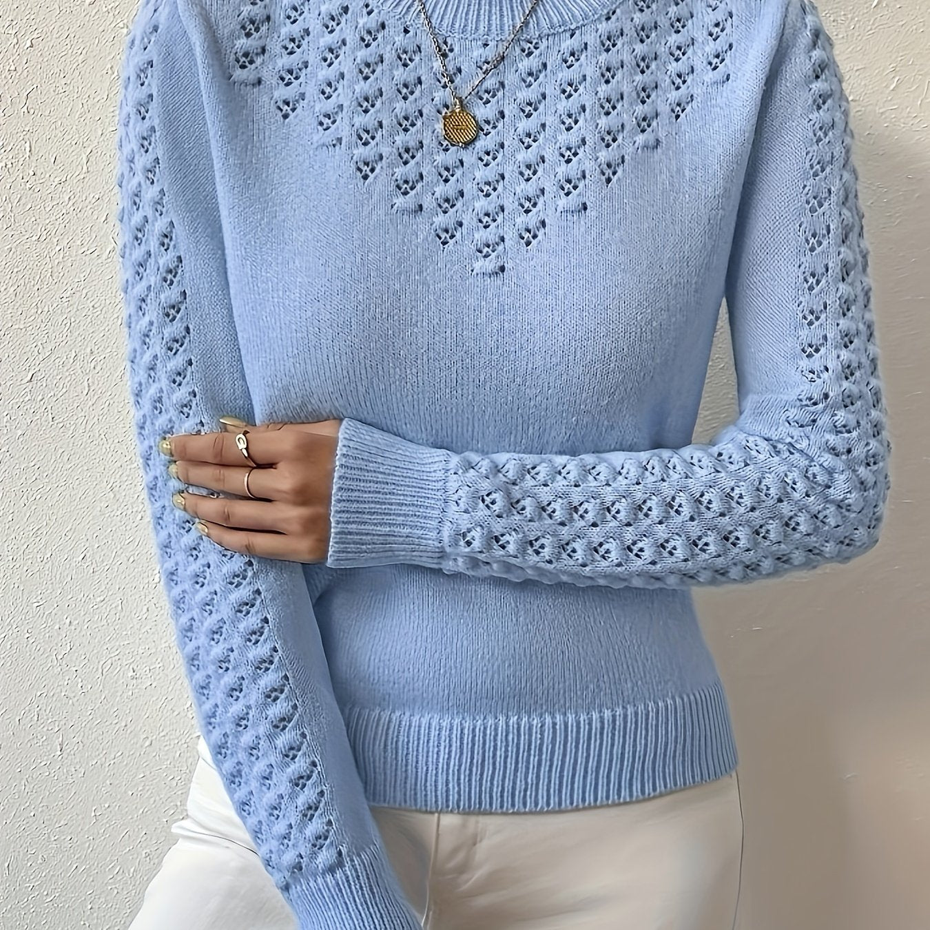 Gaynor | Pointelle-Knit Round Neck Sweater Blue Openwork for Women