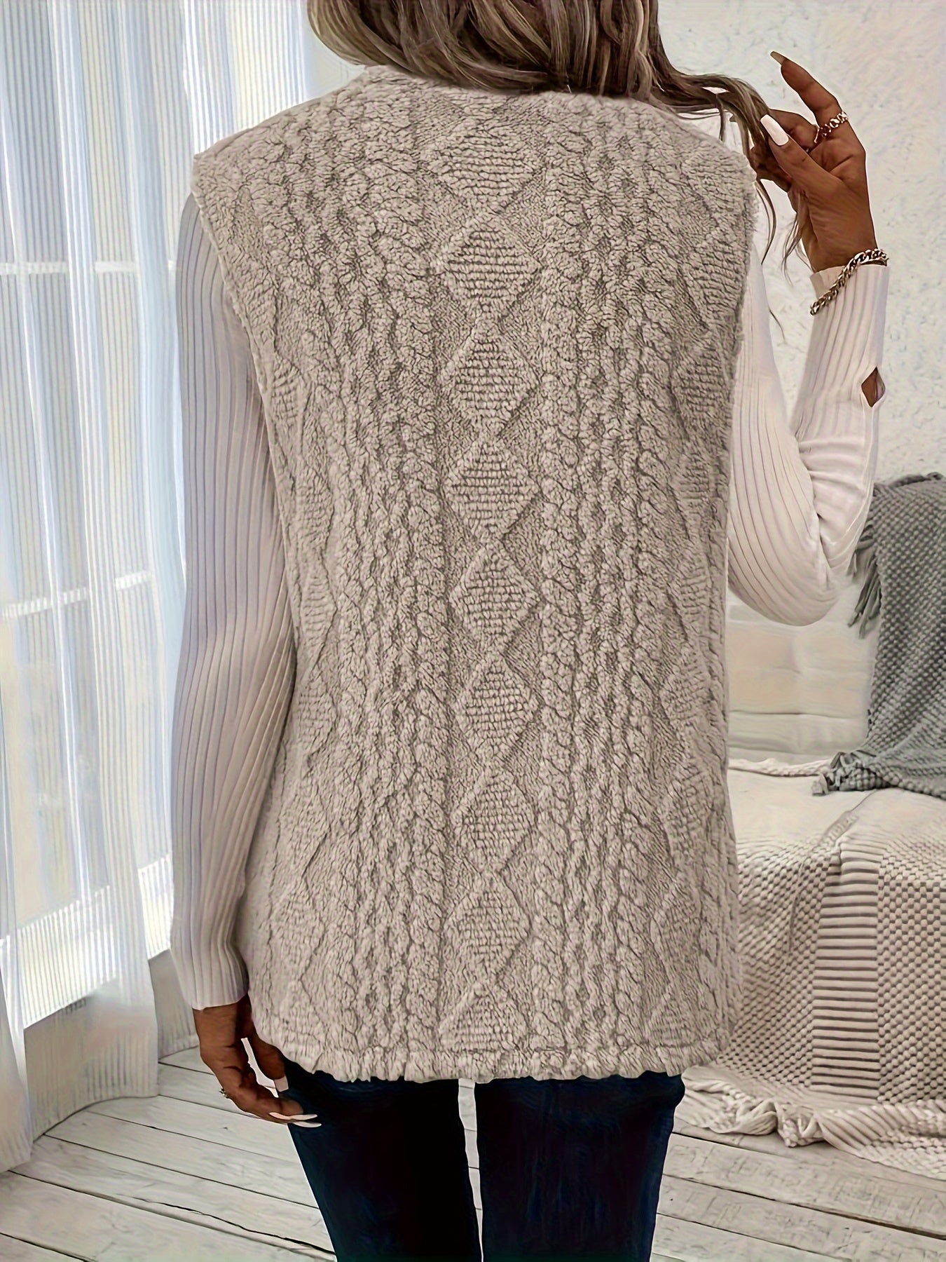 Delyth | Textured Sleeveless Vest Taupe Faux Fur Longline for Women