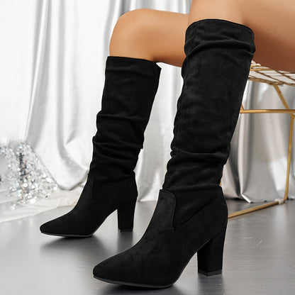 Mairi | Knee-High Boots Black Faux Suede Slouch Block Heel for Women