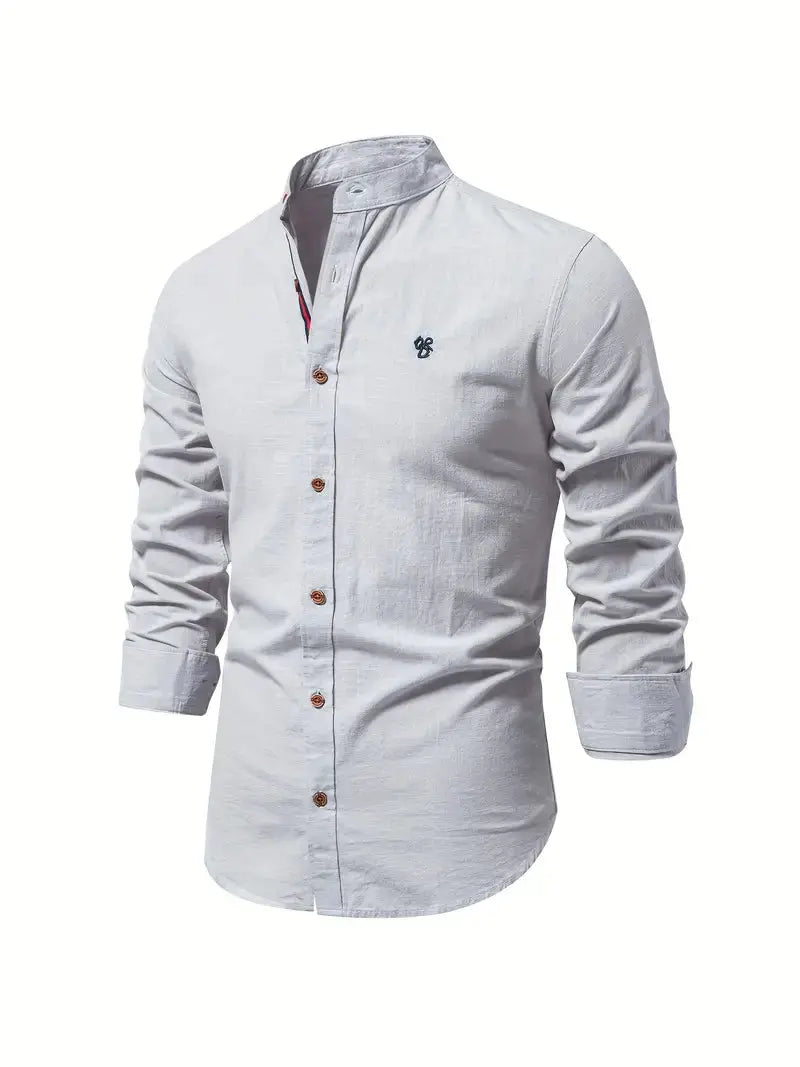 George | Shirt White Linen Stand Collar Long Sleeve for Men
