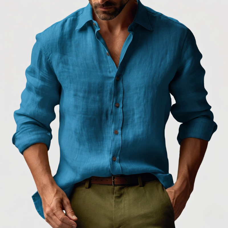 George | Linen Shirt Amber Yellow Long Sleeve Button Front for Men