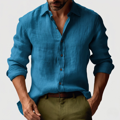 George | Linen Shirt Amber Yellow Long Sleeve Button Front for Men