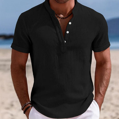 Harry | Linen Shirt Black Short Sleeve Henley for Men