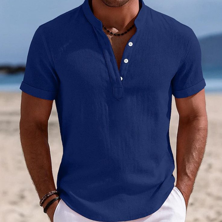 Harry | Linen Shirt Black Short Sleeve Henley for Men