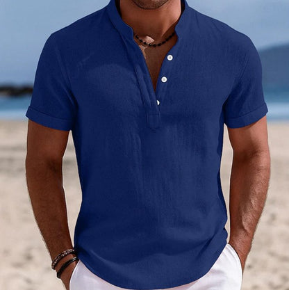 Harry | Linen Shirt Black Short Sleeve Henley for Men