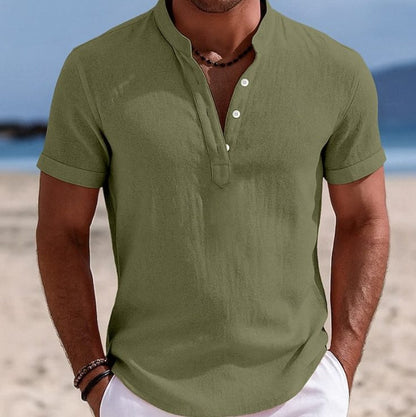 Harry | Linen Shirt Black Short Sleeve Henley for Men