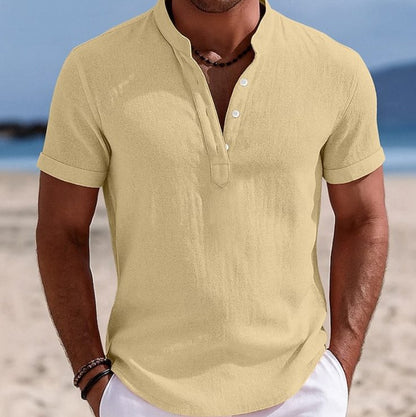 Harry | Linen Shirt Black Short Sleeve Henley for Men