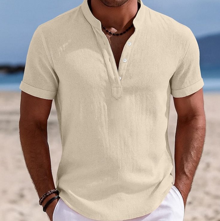 Harry | Linen Shirt Black Short Sleeve Henley for Men