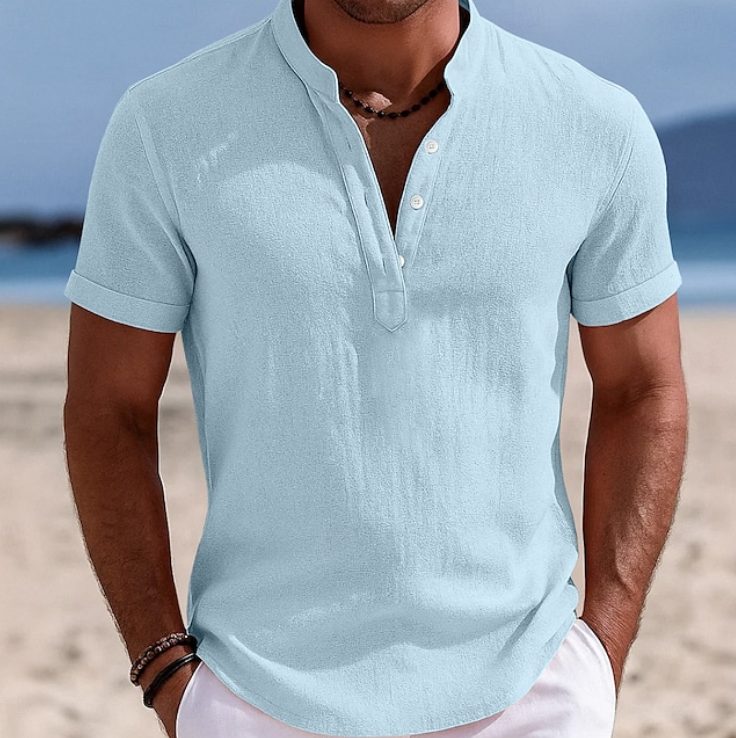 Harry | Linen Shirt Black Short Sleeve Henley for Men