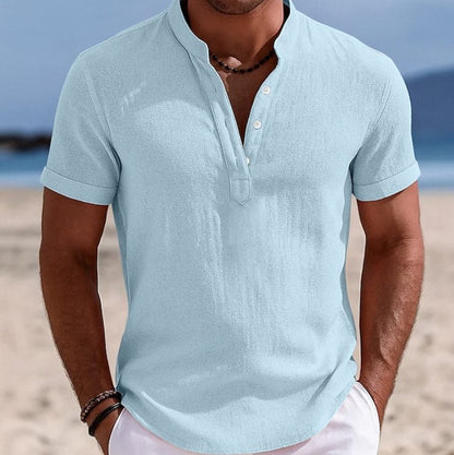 Harry | Linen Shirt Black Short Sleeve Henley for Men
