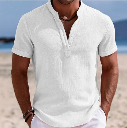 Harry | Linen Shirt Black Short Sleeve Henley for Men