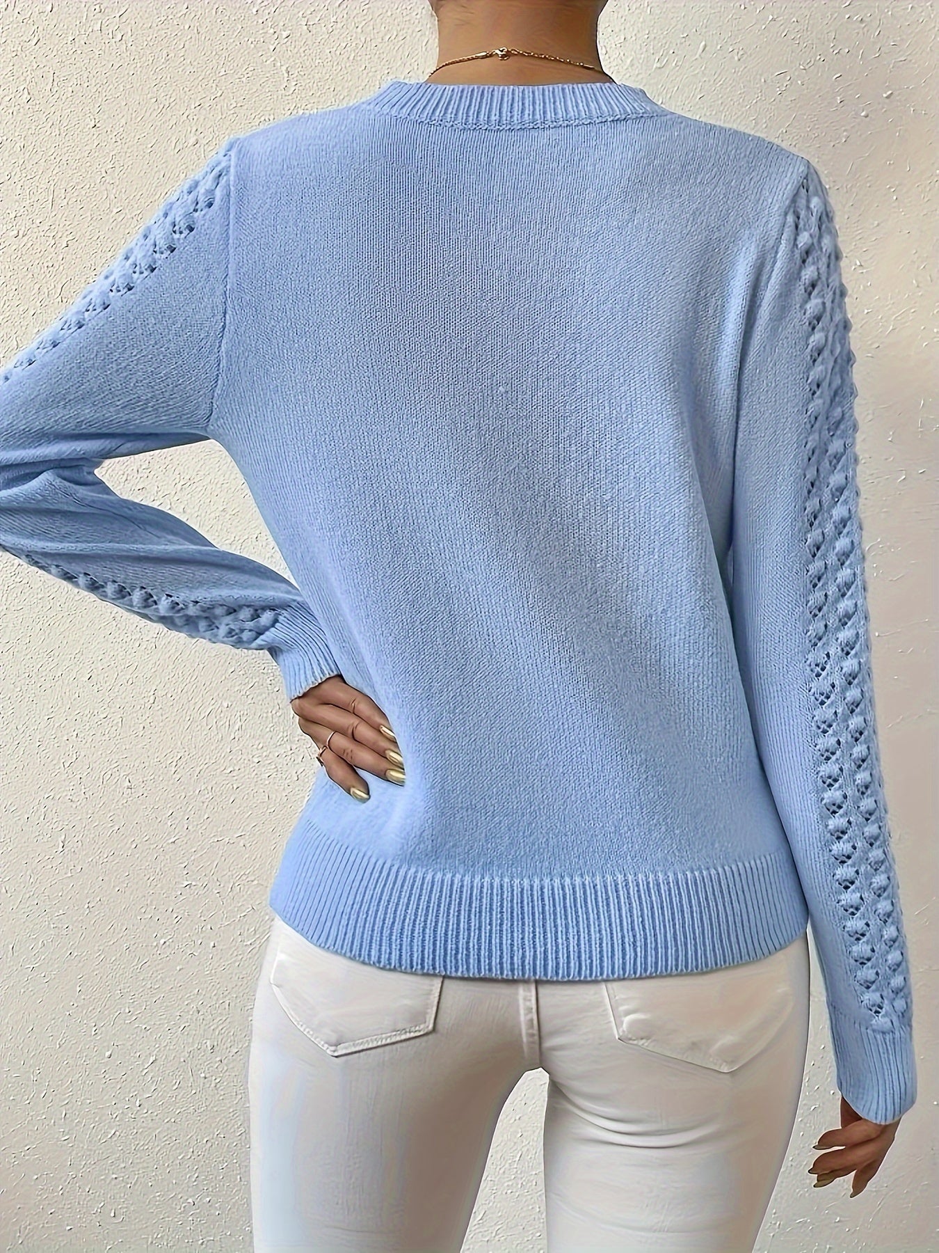 Gaynor | Pointelle-Knit Round Neck Sweater Blue Openwork for Women