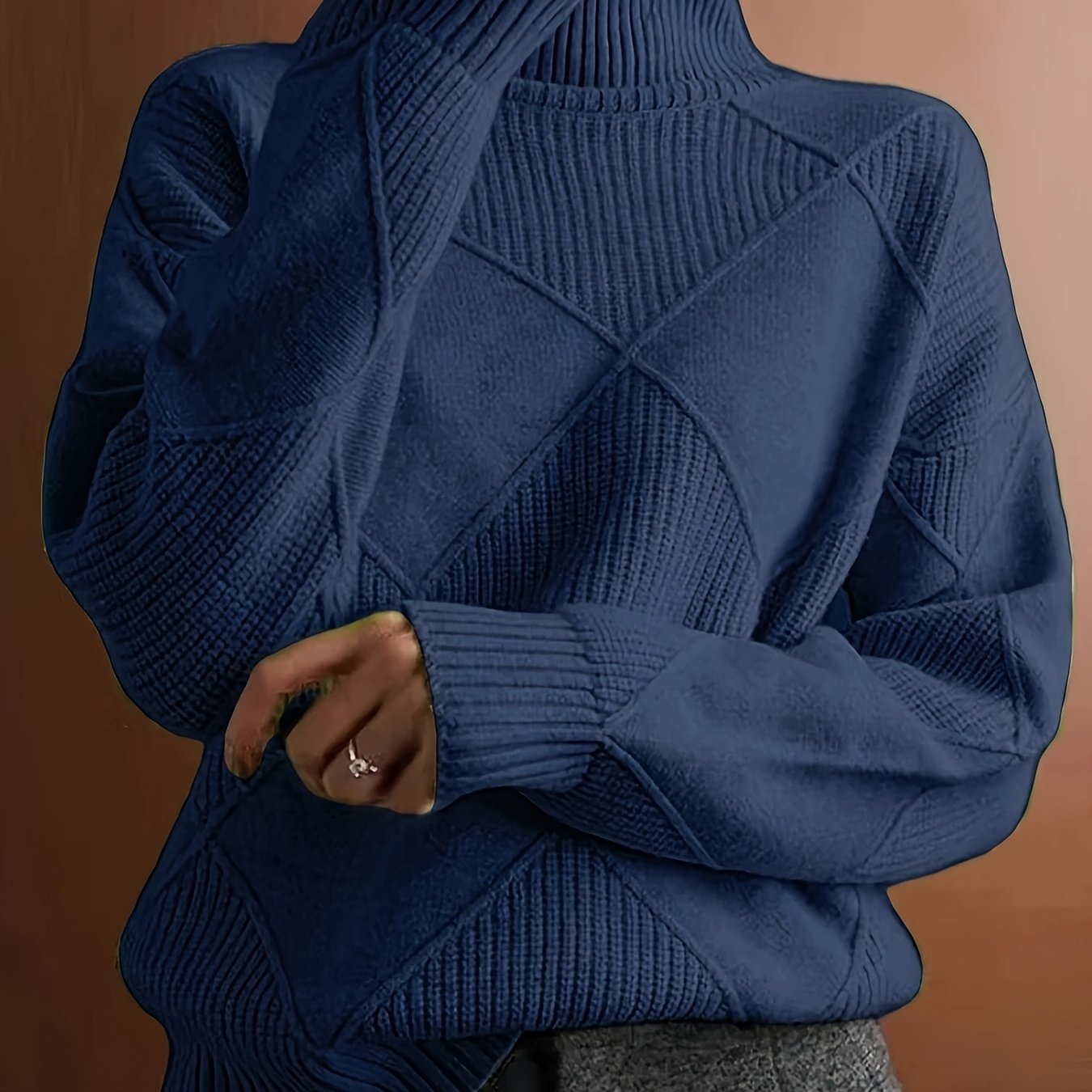 Hebe | Textured Turtleneck Sweater Green Diamond Knit for Women