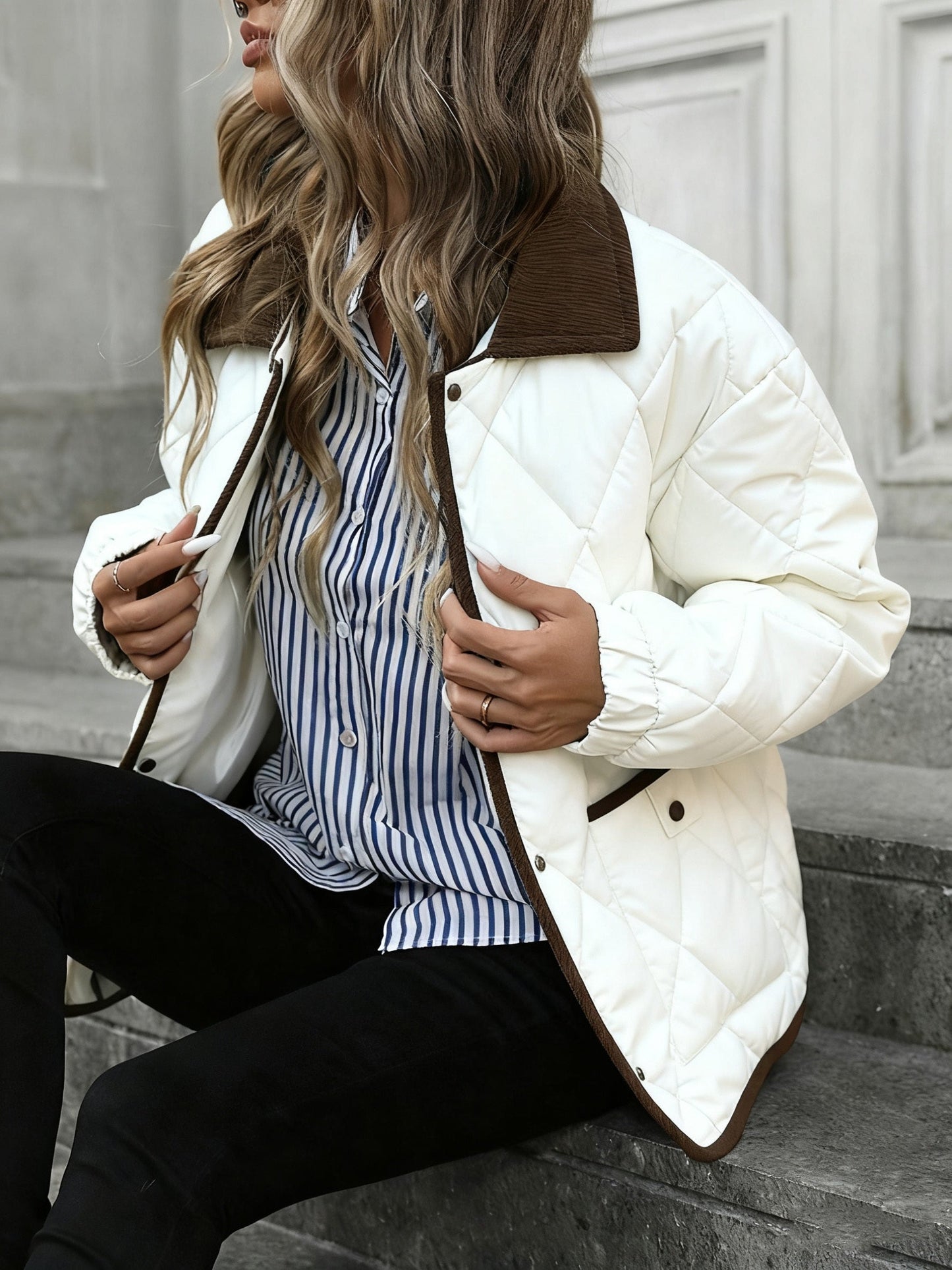Enid | Quilted Jacket Brown Diamond Padded Corduroy Collar for Women